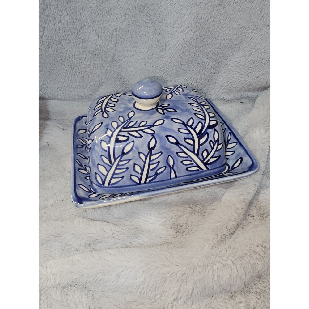Handmade Hand-Painted Indigo Blue White Butter Dish w/ Lid Ceramic 6.5x5.5”